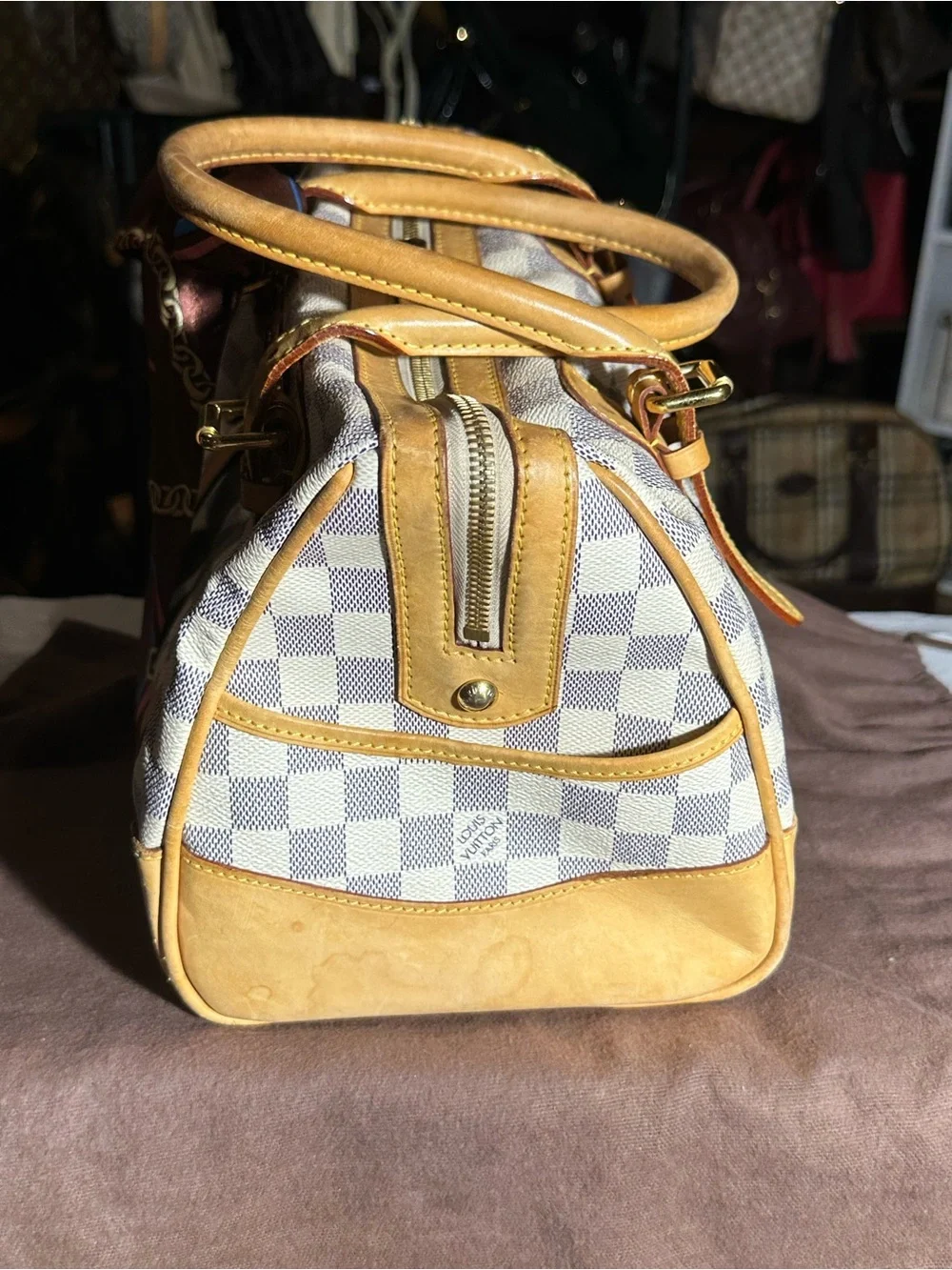 Louis Vuitton Damier Azur Berkeley Satchel in White & Tan with Gold Hardware